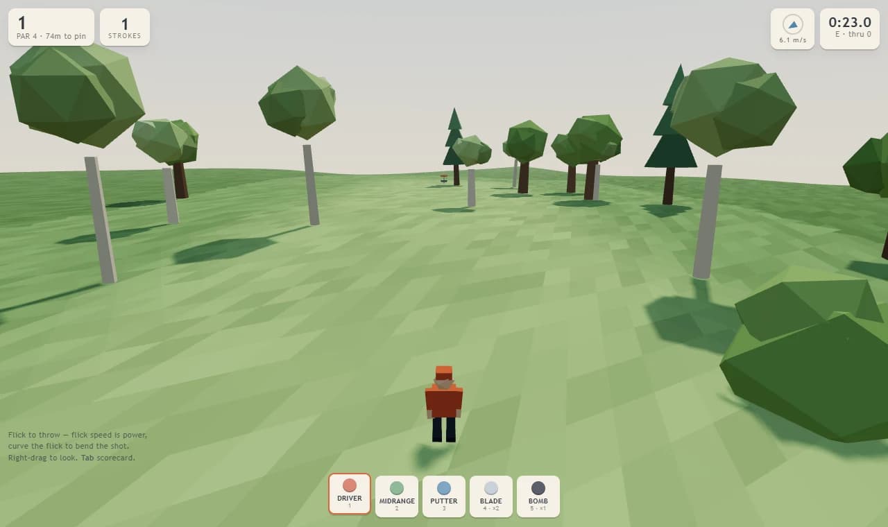 After a Bomb throw: flattened tree canopies lie on the fairway, opening a sightline to the basket