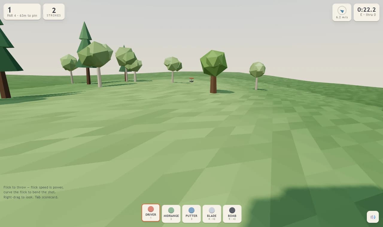 Hole 1 from the tee: a low-poly fairway rolls toward a basket between cartoon trees; the HUD shows par, strokes, wind and the disc selector