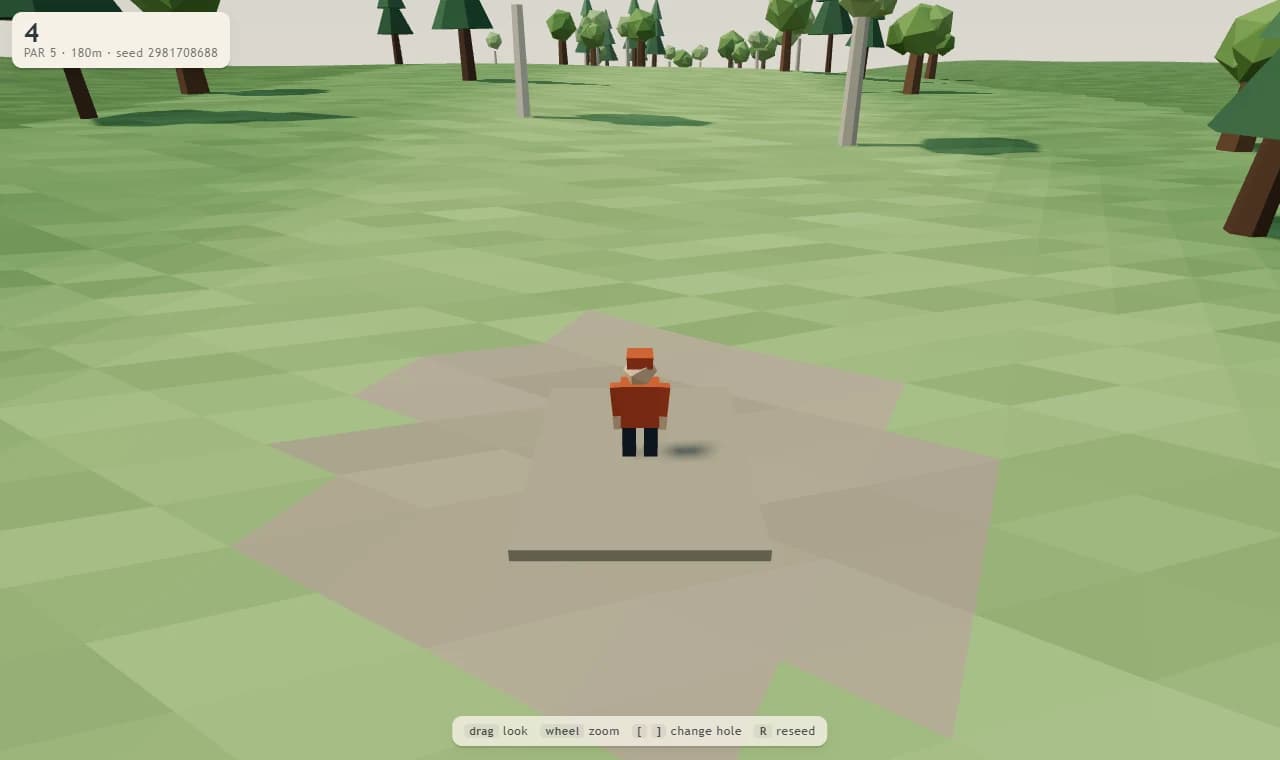 Hole 4, par 5, 180 m: the golfer stands on a sand tee pad in a clearing, with the course seed shown in the corner