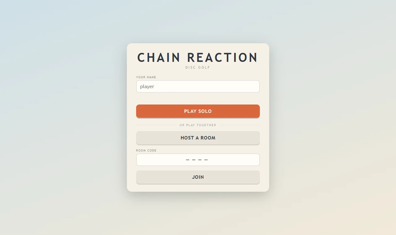 The game lobby: enter a name, play solo, host a room, or join with a four-letter code