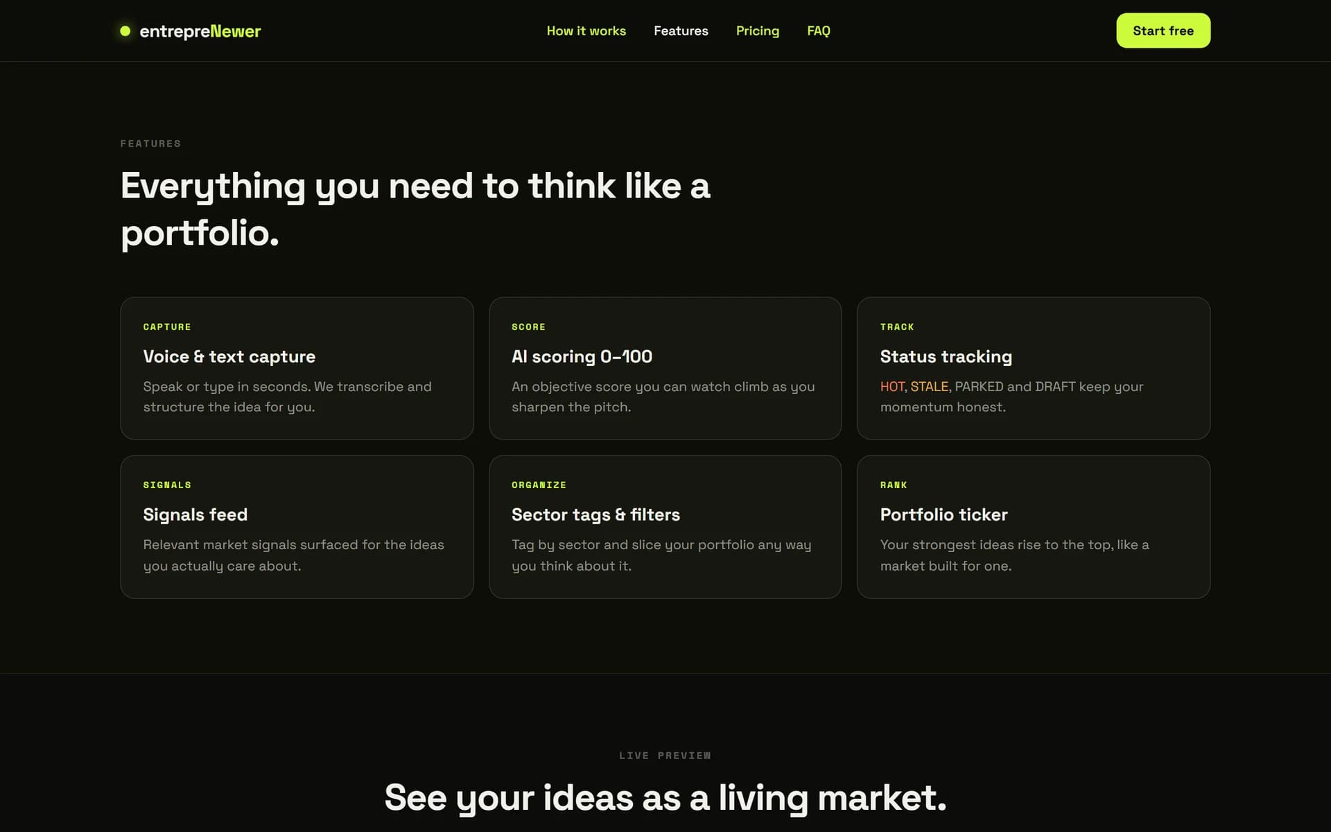 The features section of the entrepreNewer landing page