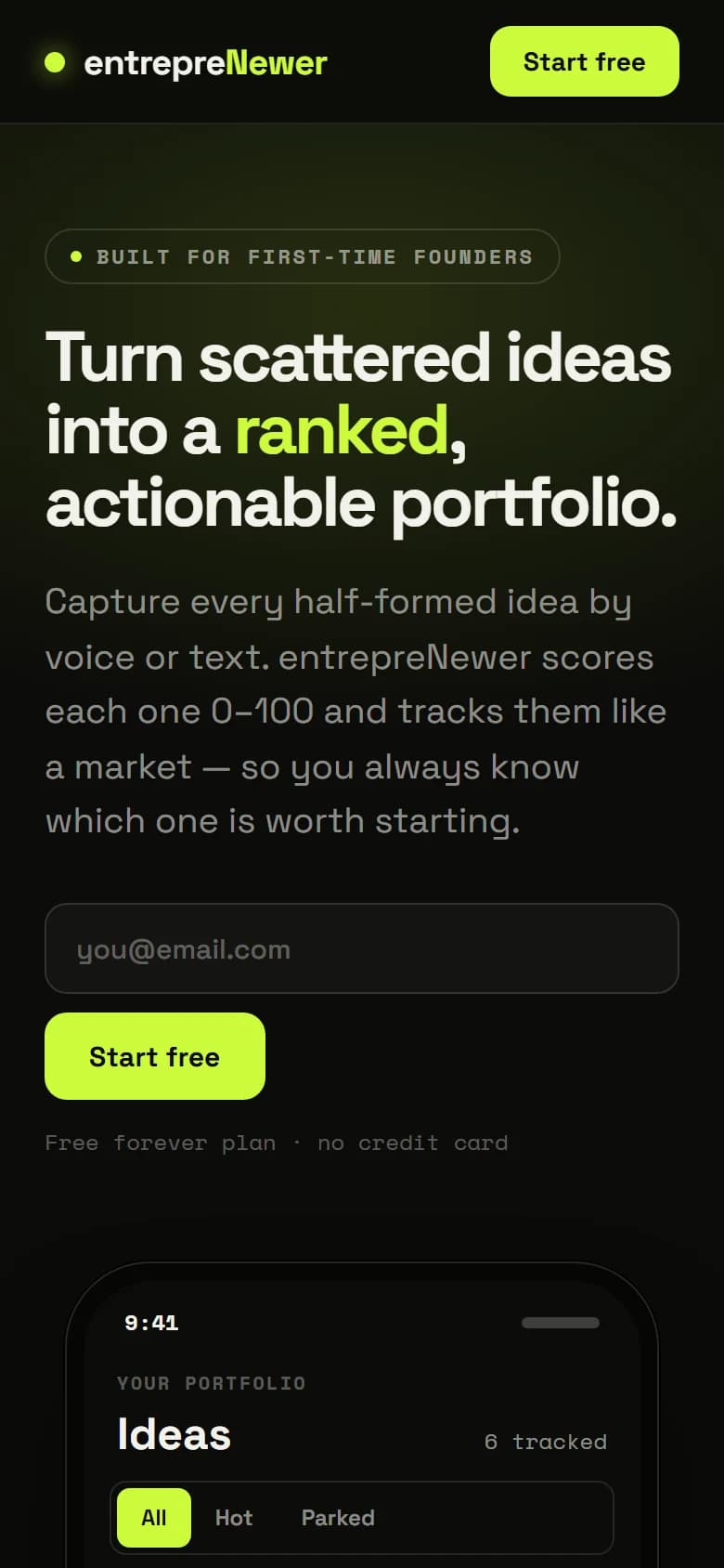 The entrepreNewer landing page on a phone