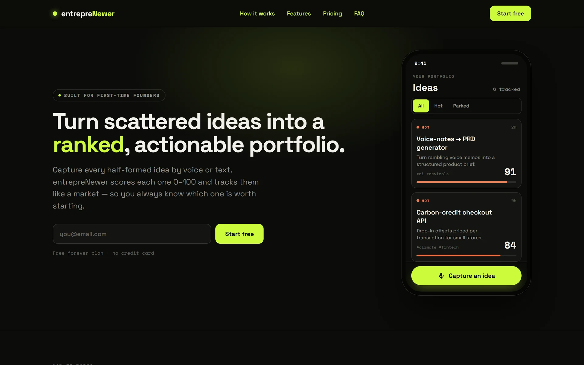 entrepreNewer landing page — the headline “Turn scattered ideas into a ranked, actionable portfolio” beside a phone showing scored idea cards