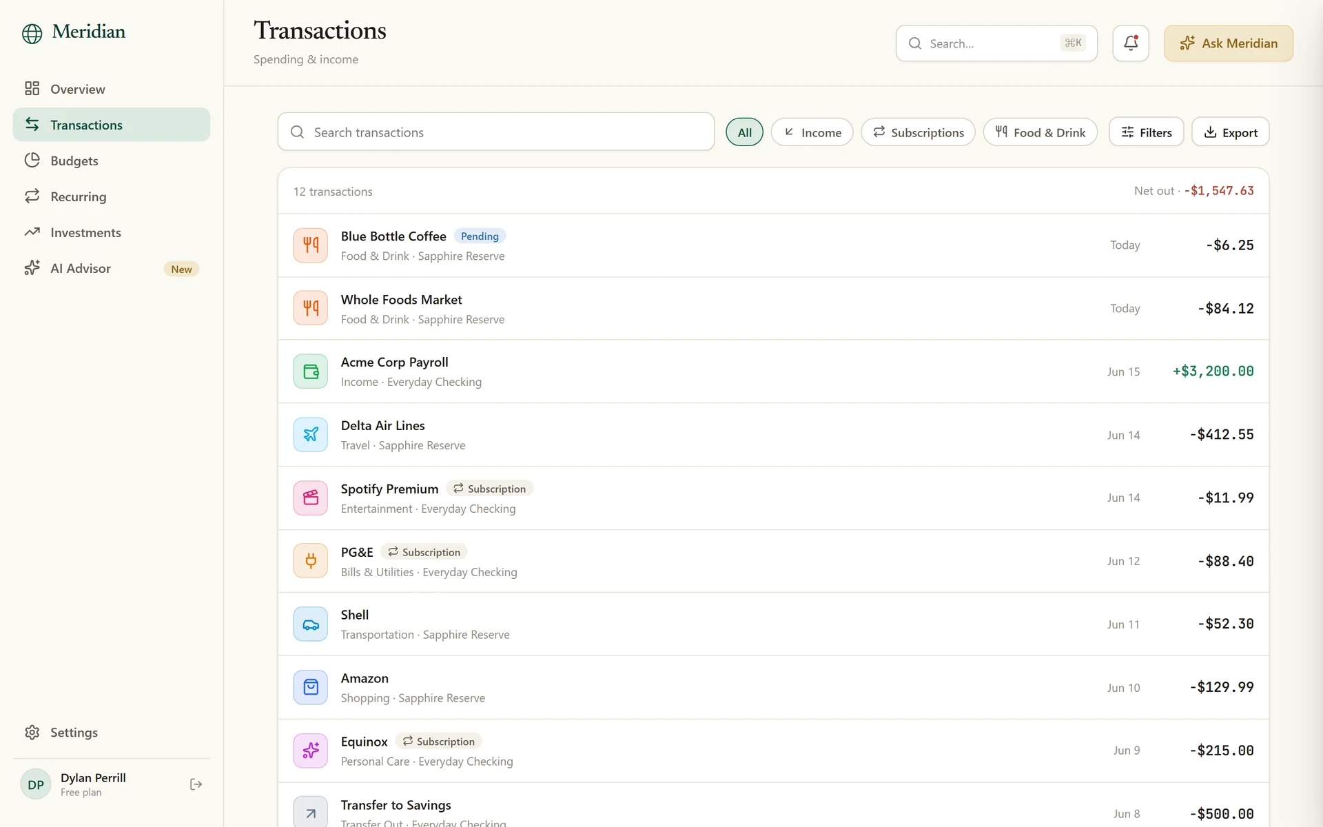 The Meridian transactions list with category filters and search