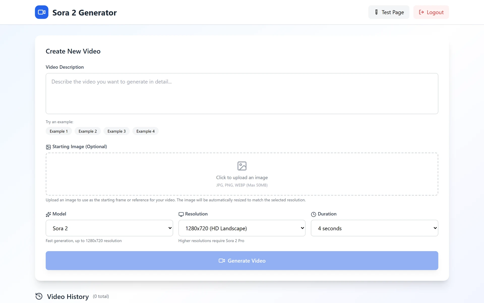 The Sora 2 generator: a prompt field, example chips, an optional starting-image upload, and model, resolution and duration selectors