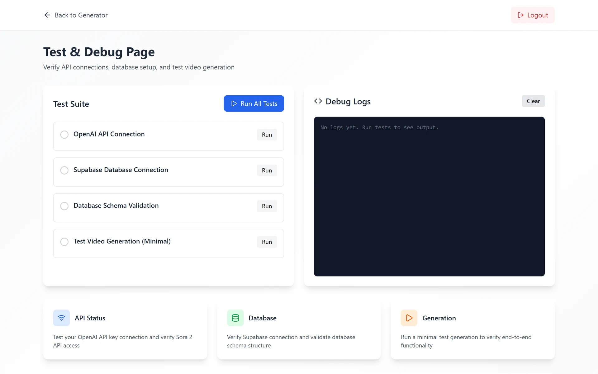 The operator test console: a four-step test suite for API, database, schema and generation, beside an empty debug log panel